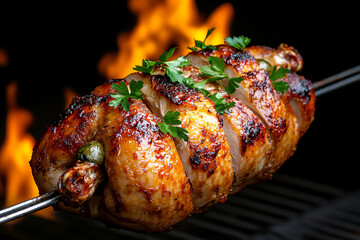 close-up shot of a whole roasted chicken on a rotisserie,