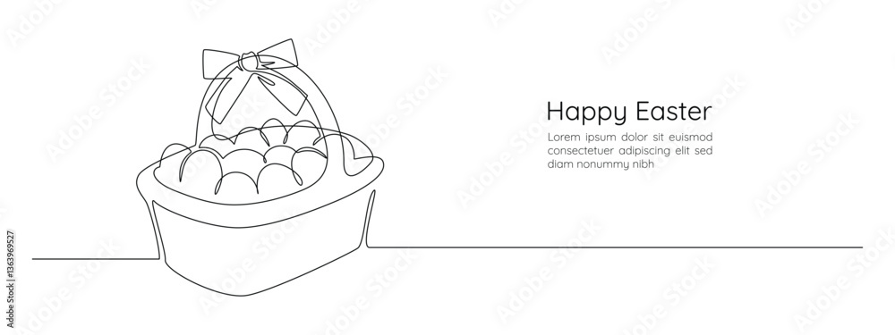 Leinwandbilder basket with easter eggs and bow in one continuous line drawing. greeting banner design in simple lin