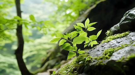 Close Up Of Fresh Green Leaves Growing On Mossy Rock Surface With Blurred Forest Background and Sunlight