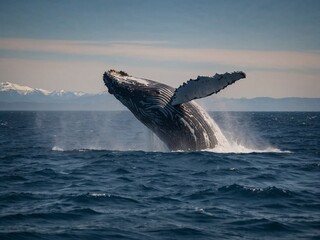Fototapeta premium Majestic humpback whale gracefully breaches the ocean surface, showcasing its massive size and stunning beauty. Perfect for marine wildlife, conservation, and nature photography themes.