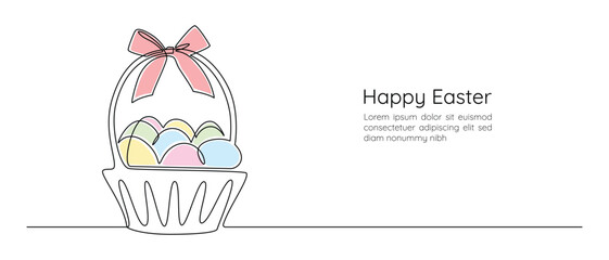 Basket with Easter eggs and bow in one continuous line drawing. Greeting card and banner design in simple linear style. Editable stroke. Doodle oneline vector illustration