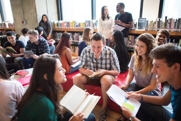 Obraz premium Diverse group of students study in library, read books, group discussion. Diverse group of students collaborative in school library. Diverse college students focus on books in groups in library