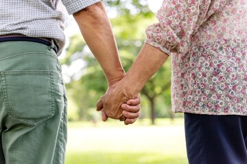 Obraz premium Elderly couple holding hands outdoors, symbolizing love and companionship. Close-up of hands, focus on connection and support in a serene park setting. Elderly couple in love holding hands in a park.