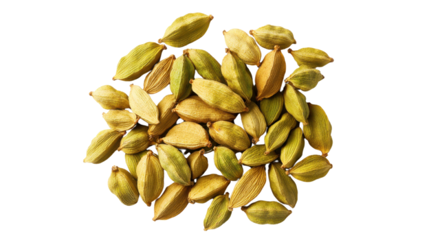 A close-up of vibrant green cardamom pods arranged in a visually appealing manner on a clean surface.