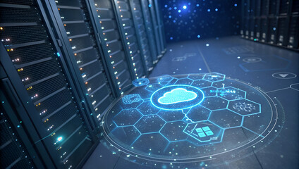 high-tech server room with rows of server racks lining the walls.