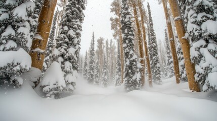 Fototapeta premium Snow Covered Forest Scene With Falling Snow and White Birch Trees on a Cold Winter Day