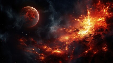 Obraz premium Fiery Nebula and Red Planet in Deep Space, Astronomy and Space Exploration Concept