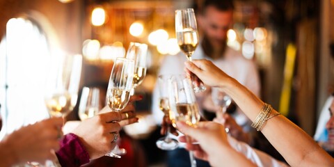 Group of people toasting with champagne glasses at a celebration. Hands holding champagne, clinking glasses. Festive atmosphere, joyful celebration, champagne toast. People toasting with champagne.
