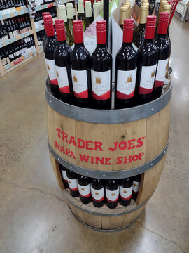Trader Joes grocery store wine shop display oak barrel March 26,2025 Napa, California, USA