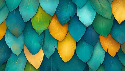 Teal with gold feather scale pattern.