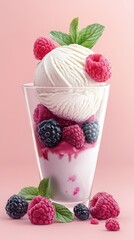 A glass of ice cream topped with raspberries and mint sits on a pink surface