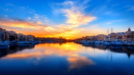 Obraz premium Golden sunset reflecting on still water with docked boats near buildings under colorful sky
