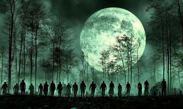 Nightmarish horde of undead under a full moon