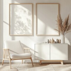 Modern minimalist living room with white armchair, wooden cabinet, and blank frames.