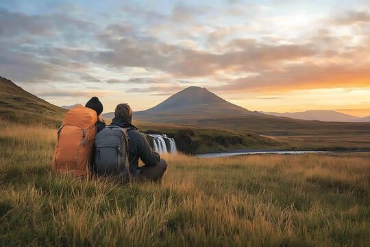 Sunset Hike for Waterfall View, Iceland.