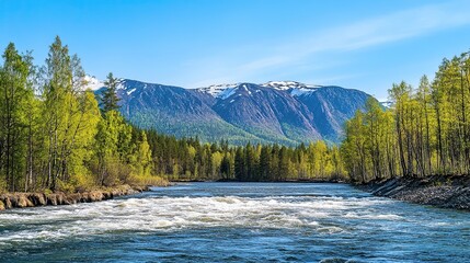 Rushing white water flowing through a wide river surrounded by birch forests and mountains. Spring growth on trees, clear blue sky, and a harmonious natural landscape with tranquility.