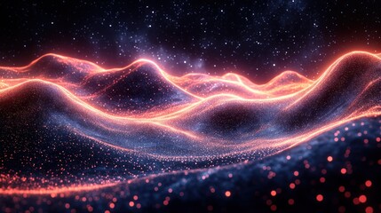 Abstract glowing, undulating landscape against a starry night sky.  Particles form smooth, flowing hills