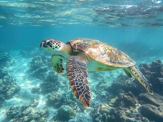 Obraz premium Sea Turtle Gracefully Swims Coral Reef.