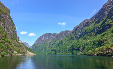 Picturesque scenery of lush green trees and grassy, steep mountains from a view cruising inside of the fjord, N&aelig;r&oslash;yfjord, in Norway, Scandinavia, on a blue sky day with minimal clouds