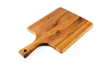 Natural Wooden Cutting Board with Handle and Unique Grain Patterns on White Background