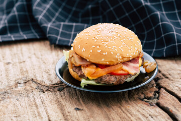 hamburger on a wooden table