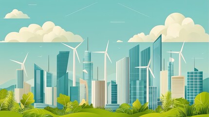 Eco Friendly Cityscape with Wind Turbines and Modern Skyscrapers Overlooking a Bustling Financial District Showcasing Progress Sustainability and Economic Growth in a Thriving Urban Landscape