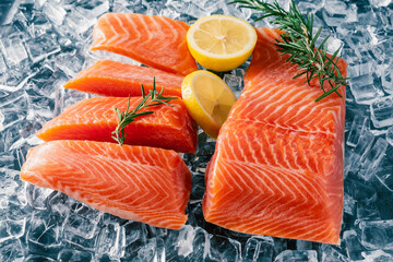 Fresh High-Quality Salmon Fillets with Lemon and Rosemary on Ice for Culinary Presentation