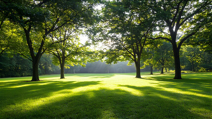 Lush Green Trees Over Grass Field Under Bright Sunlight Creating Long Shadows in Outdoor Park