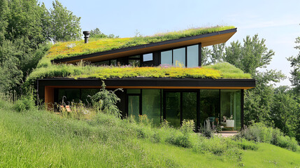 A green roof on an apartment building as a symbol of urban sustainability and climate-conscious architecture.A green roof on an apartment building as a symbol of urban sustainability and climate-consc