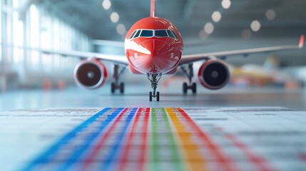 Fototapeta premium Red Passenger Airplane on Airport Runway with Colorful Schedule Below