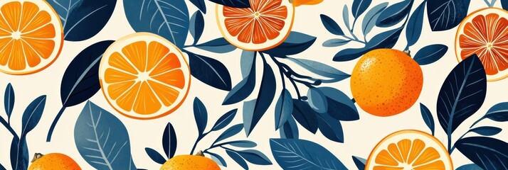 Vibrant orange and blue leaves create a stunning pattern for citrus themed decor, perfect for Mediterranean weddings and elegant greeting cards
