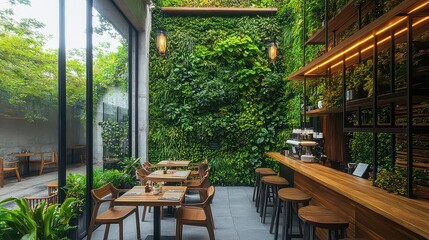 Fototapeta premium A beautiful cafe covered in lush green vertical garden walls.