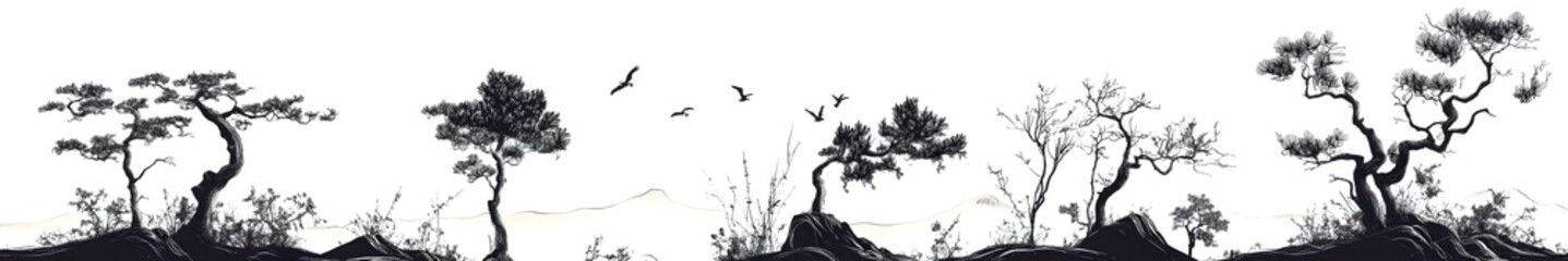 Obraz premium Ink Silhouette of Serene Trees: Delicate ink silhouettes of bonsai trees, evoking tranquility and the zen spirit, gracefully dot the scene, each a unique character in the natural world.