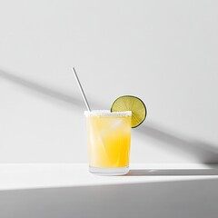 Fototapeta premium Fresh and Vibrant Citrus Beverage with Lime Slice and Straw on Minimalist Background Perfect for Summer Refreshment and Cocktail Inspiration