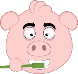 vector illustration emoji character face pig cartoon, brushing his teeth with a toothbrush