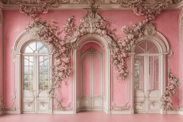 Naklejka premium Elegant pink floral adorned interior with doors and decorative architectural elements