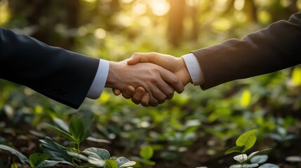A business leader shaking hands with an environmental activist, symbolizing corporate commitment to green policies.
