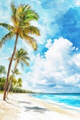 Obraz premium Palm trees and a beautiful beach in a sunny blue sky