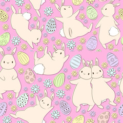 Easter pattern. Seamless background with bunny and eggs. Cute ornament for wrapping paper, fabric and web.