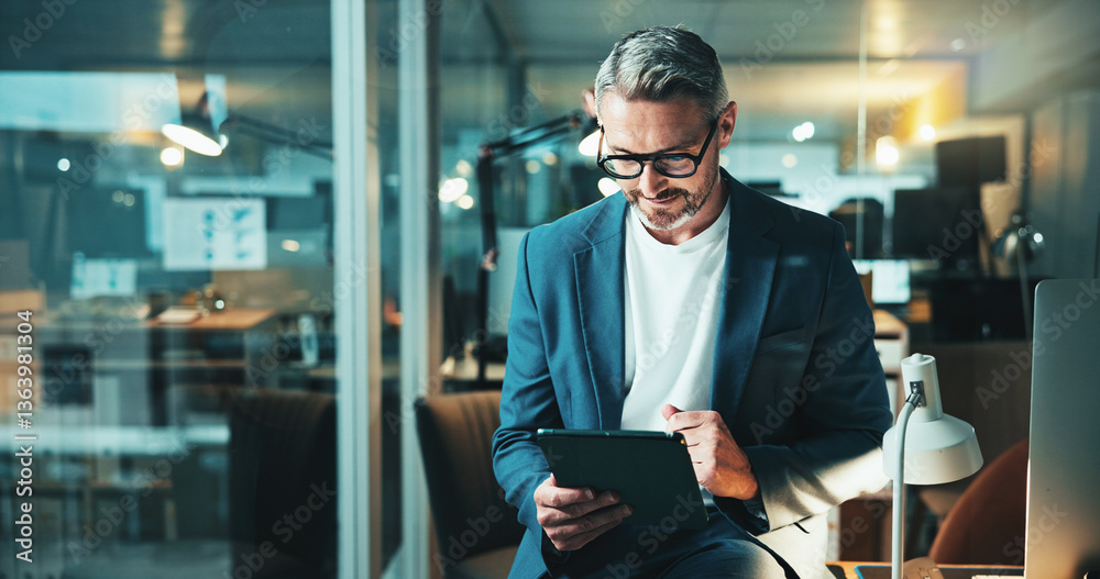Fototapete Mature programmer, tablet and review with project, feedback or overtime work for research. Web design, night or email update for man, software agency and b2b networking or online communication
