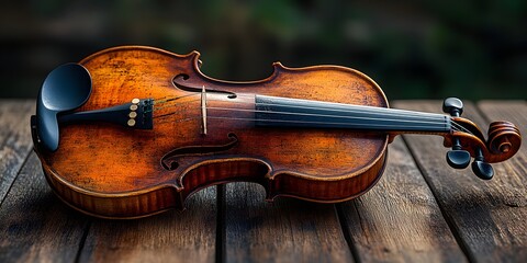 Fototapeta premium Classic Violin on Wood: A beautifully crafted violin rests on a weathered wooden surface, the warm tones of the instrument contrasting with the rough texture of the wood, evoking a sense of history.
