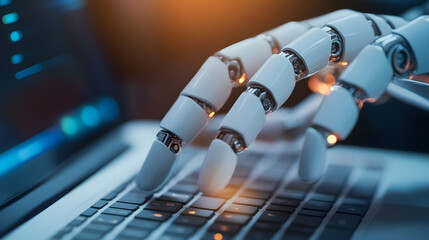 Cybernetic Interaction: A robotic hand interacts with a laptop keyboard, highlighting the synergy between technology and artificial intelligence, in a futuristic scene.