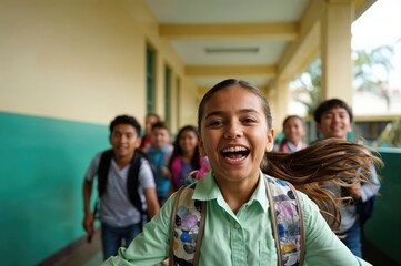 Fototapeta premium Children are exuberantly running down a school corridor, their laughter echoing as they share moments of joy and camaraderie after a day of learning, filled with carefree energy.