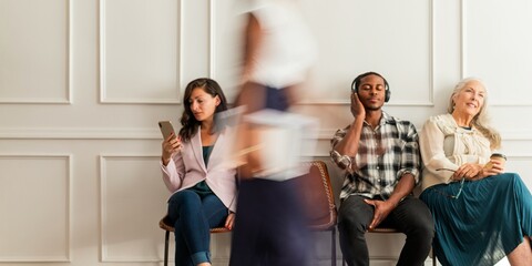 Fototapeta premium People sitting in a waiting room. A woman with a phone, a man with headphones, and an older woman smiling. Casual, relaxed atmosphere in a modern setting. Diverse people sitting in a waiting room.