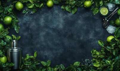 Fresh Lime and Botanical Ingredients in Dark Surrounding with Shaker and Tools for Cocktail Preparation on Rustic Surface Background