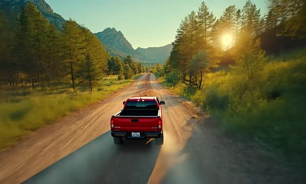Red pickup truck drives down a scenic mountain road, surrounded by lush greenery and pine trees at sunset