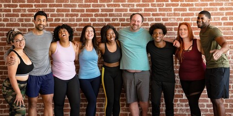Diverse group of men and women in active wear, smiling and standing together. Diverse men and women...