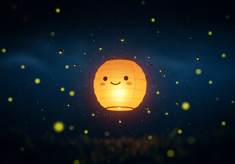Fototapeta premium Smiling Lantern Amidst Fireflies Night Sky A Magical Summer Night Scene