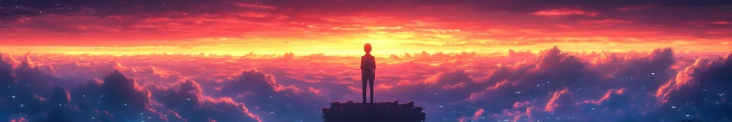 Fototapeta premium Contemplating Horizon: A solitary figure stands silhouetted against a breathtaking sunset, absorbing the vista of rolling mountainscape and atmospheric clouds