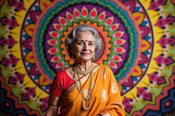 Naklejka premium An elegant elderly South Asian woman in a traditional orange saree adorned with intricate gold jewelry, standing proudly against a vibrant mandala-patterned background.